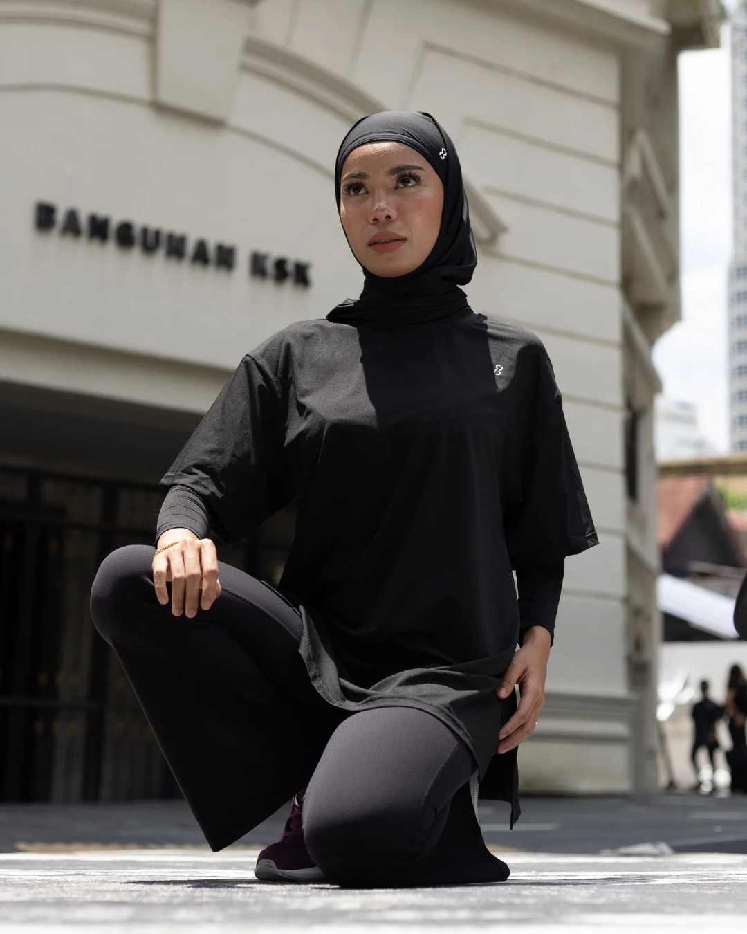 (Black) TieFit Sports Hijab with Inner Cap